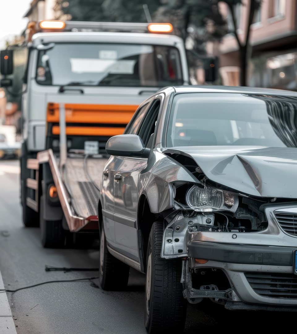 Unfallwagenankauf Siegsdorf: Beschädigtes Auto wird nach dem Unfall per Abschleppwagen abgeholt.